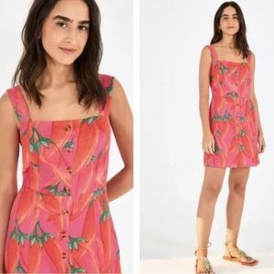 Farm Rio Anthropologie tropical hot pepper mini dress - bright pink linen